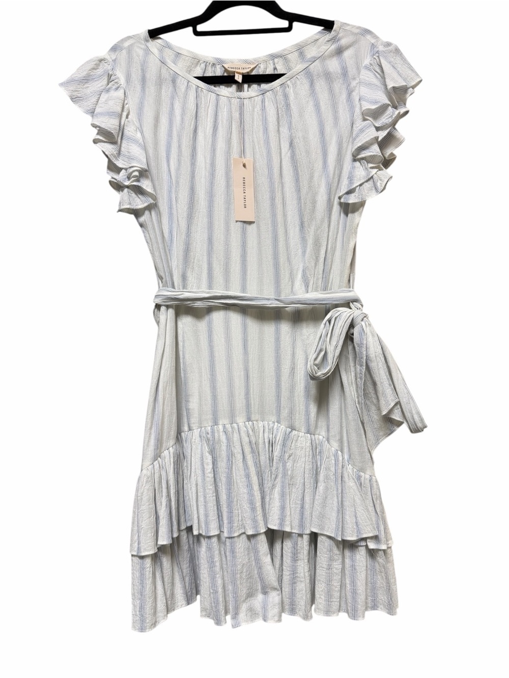 Rebecca Taylor Blue & White Stripe Ruffle Dress / Flutter Sleeve Tie-Waist Dress